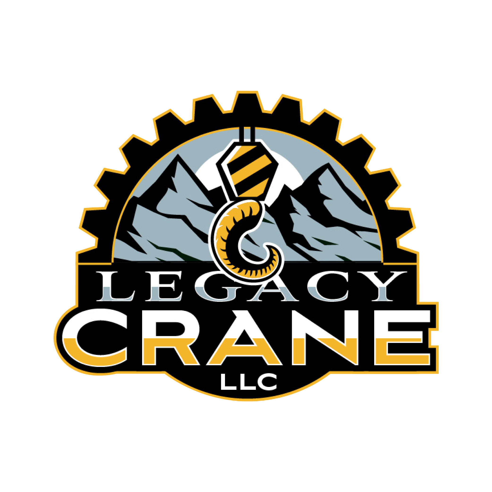 Logo of a crane hook in front of mountains inside of a gear with the company name Legacy Crane LLC