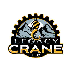 Logo of a crane hook in front of mountains inside of a gear with the company name Legacy Crane LLC